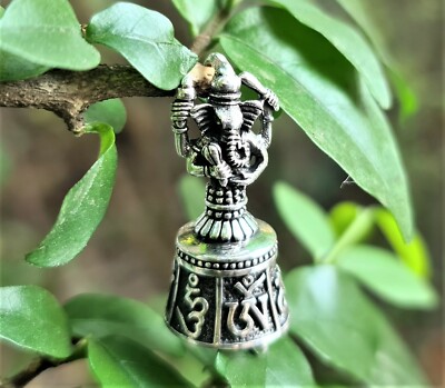 Ganesh Anhänger STERLING SILBER 925 Om Mani Padme Hum Mantra Glockenspiel Glocke Viel Glück