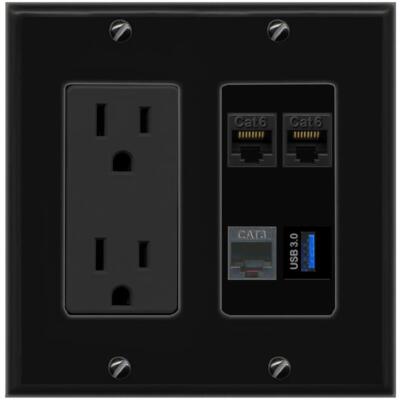 2 CAT6 PHONE USB-3 Port Wall Plate Black w Power Outlet