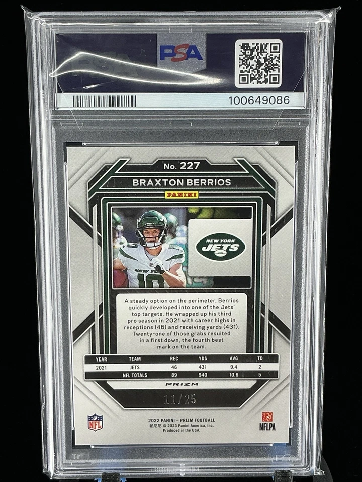 2022 Panini Prizm Braxton Berrios Navy Camo Prizm /25 #227 New York Jets PSA 10 - Image 4 of 4