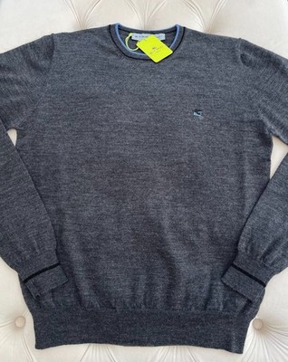 Men's ETRO Milano Pullover Wool Knit Logo Crew Neck Dark Gray Sweater L size
