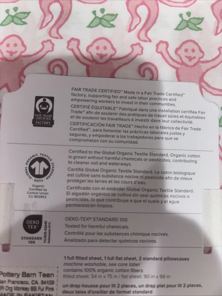 Pottery Barn Kids РОЛИКОВЫЙ КРОЛИК ОБЕЗЬЯНА Розовый Органический Комплект Простыней Полный Новый - Изображение 4 из 4