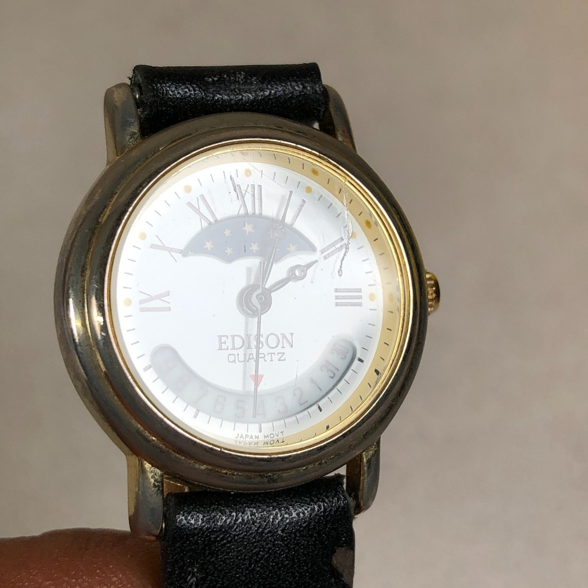 Edison Women Dress Moon Phase Black Leather Band Quartz  display picture 2