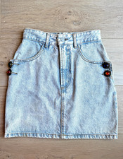 Vtg 80s 90s BONGO Acid Wash Denim Mini Skirt Jewel Button Retro Made in USA XS
