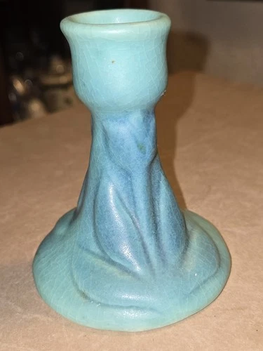 VAN BRIGGLE Pottery Ming Blue Turquoise Candle With Tulip Design 1920's - 1940’s