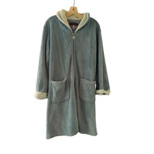 Stan Herman Robe Blue Zip Front Plush Fleece Hooded Lounger Pockets Medium