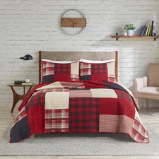 BEAUTIFUL CLASSIC LODGE LOG CABIN SOUTHWEST COUNTRY RED BEIGE PLAID QUILT SET