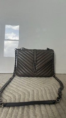 Saint Laurent College Medium Gray Chevron Quilted Shoulder Bag Chain Strap