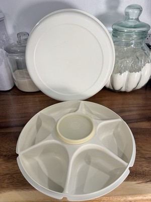Vintage Tupperware Divided Veggie Dip Tray & Bowl w/lids Almond Potluck Holiday