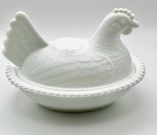 Vintage Indiana Glass Hen on a Nest 7" Beaded MILK GLASS WHITE