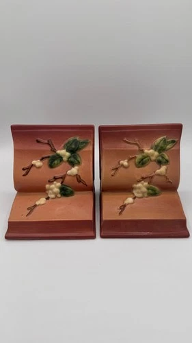 Vintage 1946 Roseville Pottery SNOWBERRY Pink #1BE Bookend Flowers