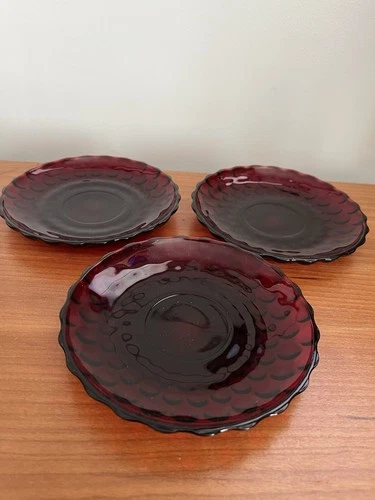 Set Of 3 Ruby Red Anchor Hocking Bubble Plates 5 1/2”