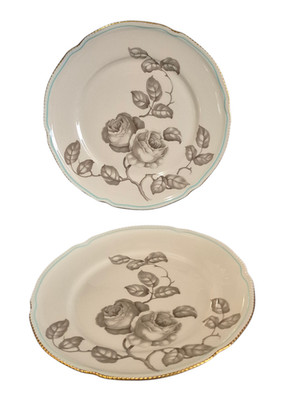 2 Lunch Plates Castleton Gloria Porcelain Taupe Roses Blue Band 22Kt Gold Trim
