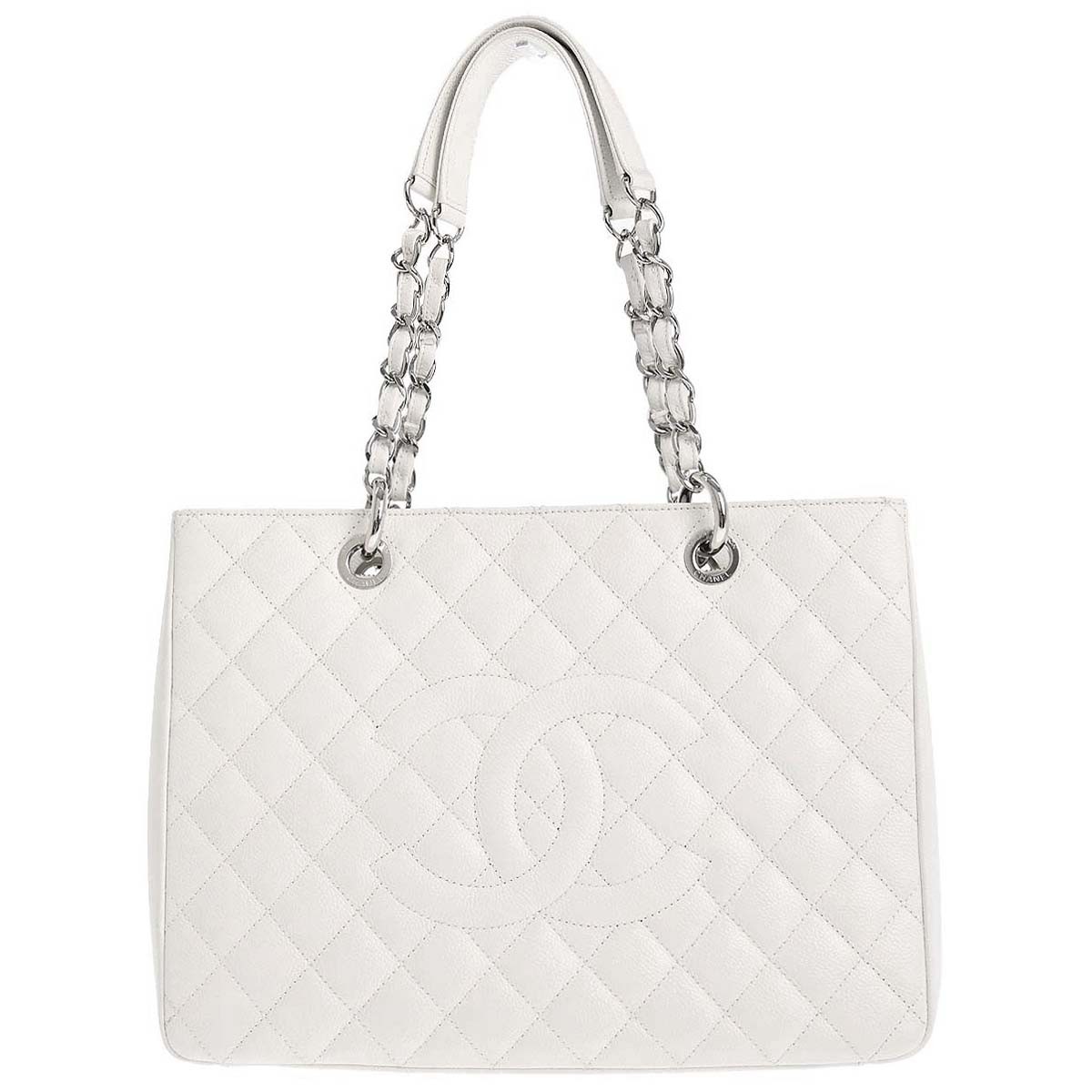 Chanel White Calfskin Grand Shopping Tote GST Chain Handbag 196736