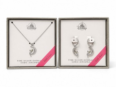 Disney Tinker Bell Moon Necklace Earrings Set Silver Tone Gift Box