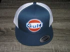 GULF Racing Oil Co Patch on Trucker Hat Yupoong Classic 6006 Snapback Navy/White