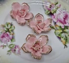 3 pcs Large Pink Rose Gold Gilded Porcelain Ceramic Flower Cabochons Vintage