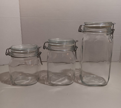 3- Bormioli Rocco Fido-1.1/2L- 1L- 3/4L- Canister Glass Storage Jars Set