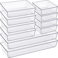 10-Pack Clear Drawer Organizer Trays for Makeup, Kitchen, and Bathroom Storage