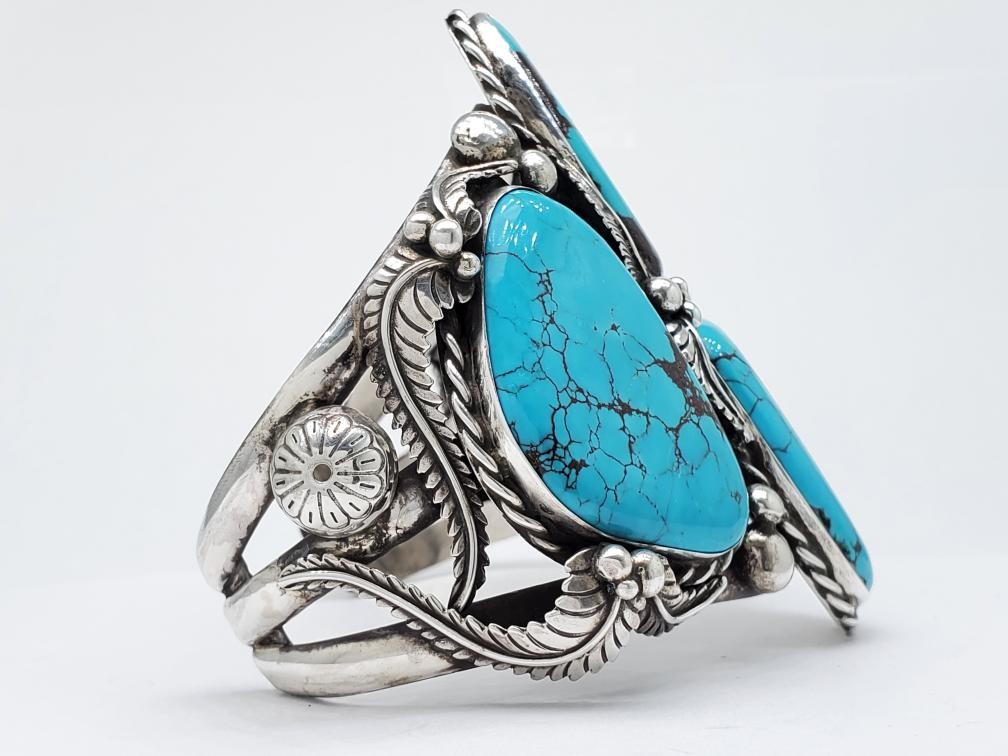 925 Solid Silver Cabochon Cut Turquoise Cuff Brac… - image 3