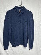 Vintage Polo Ralph Lauren Ribbed 1/4 Zip Mock Neck Cotton Knit Sweater Navy Sz-M