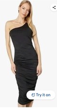 Bebe Black One Shoulder Solid Midi Dress Women's S Ruched Bodycon Lined NWT $139