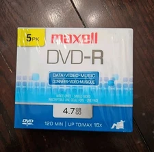 Maxell® DVD-R Discs 5 Pack, 4.7GB, 120 Mins 16x w/Jewel Cases Fast Shipping NEW!