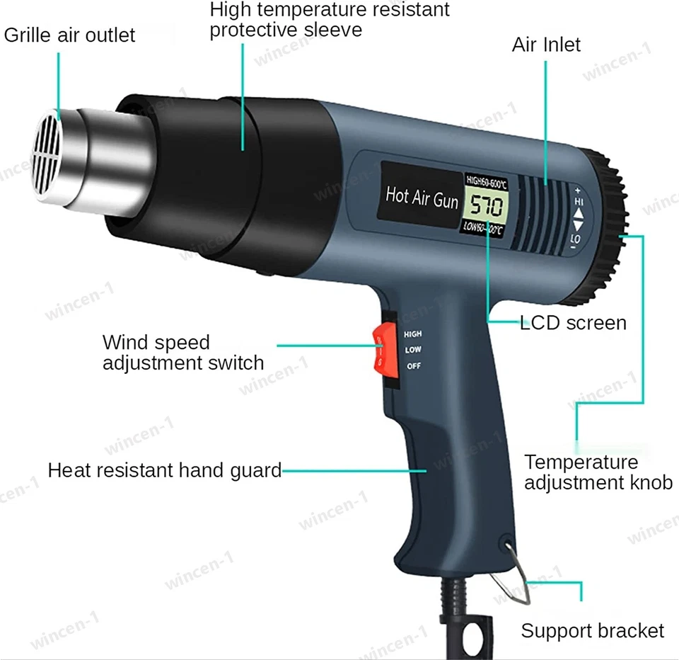 2500W Heat Gun Electric Hot Air Gun Dual Temperature LCD Display 4 Nozzles Tool - Image 2 of 4