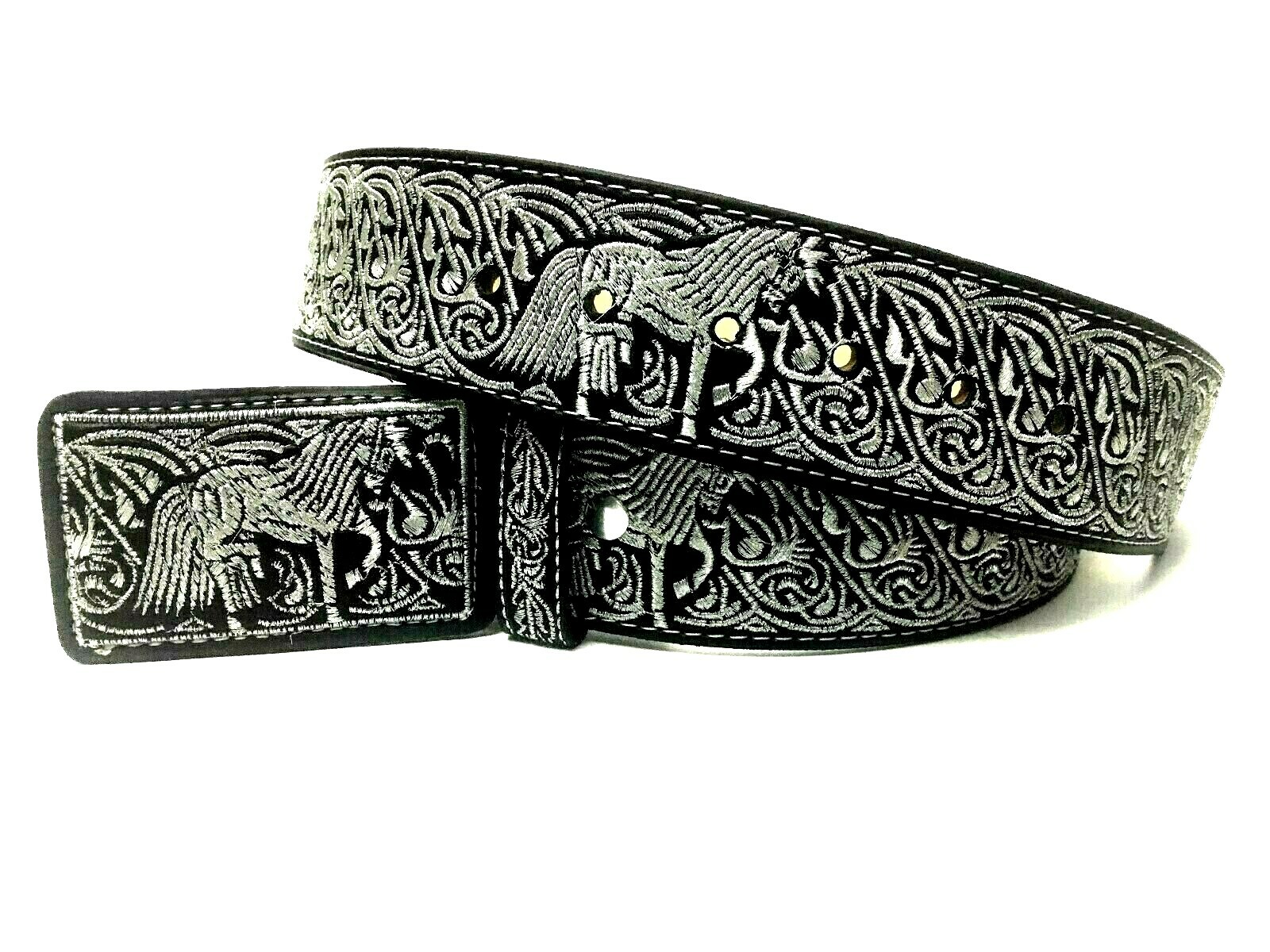 CINTO CHARRO BORDADO HILO PLATEADO. MENS WESTERN SILVER EMBROIDERED COWBOY BELT
