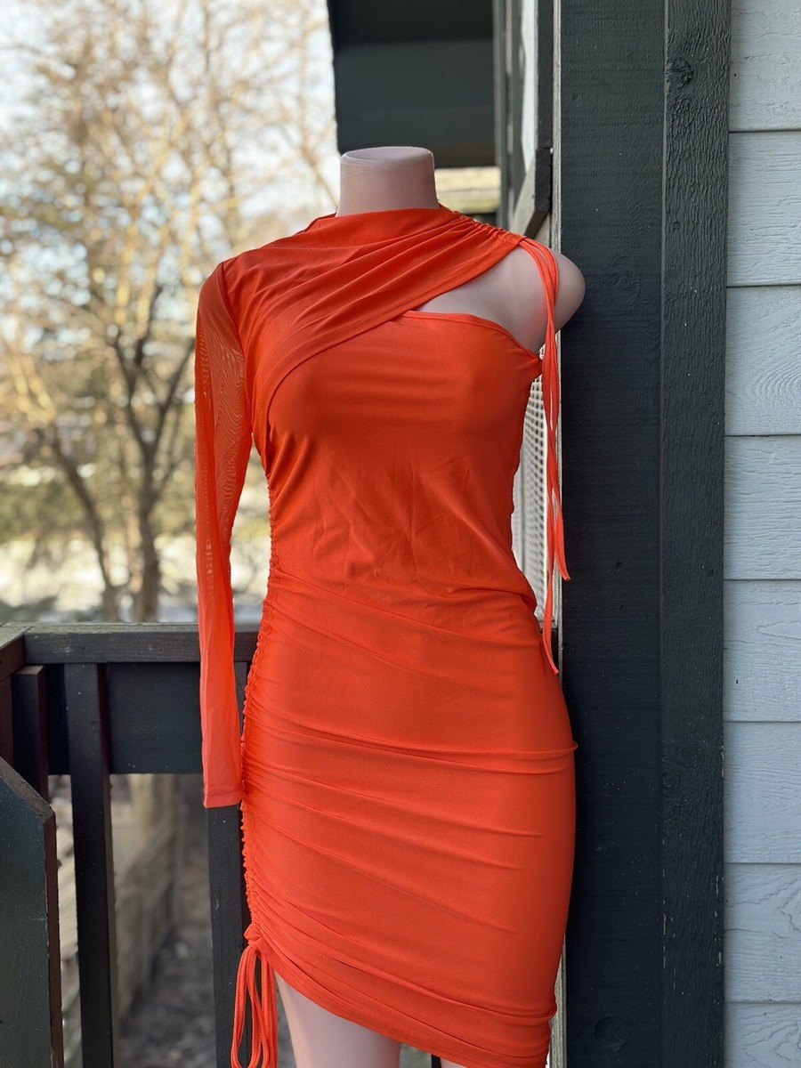 orange one shoulder bodycon dress CHICME Women's Drawstring Ruched Dress, Size S Emily Ratajkowski Black Lace Style:EE0164AMG $25 & UNDER shoulder design and a