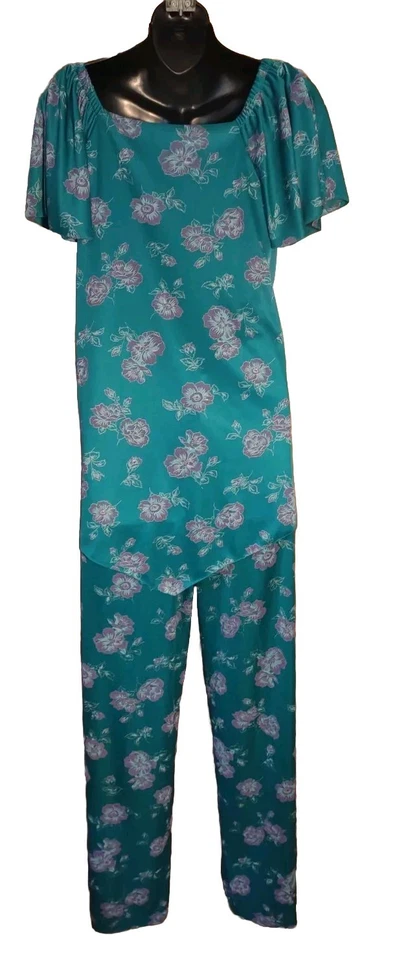 Vintage 70'S Ms. Sugar Teal & Purple Floral Two Piece Outfit Mrs. Roper Look  - Image 4 of 4