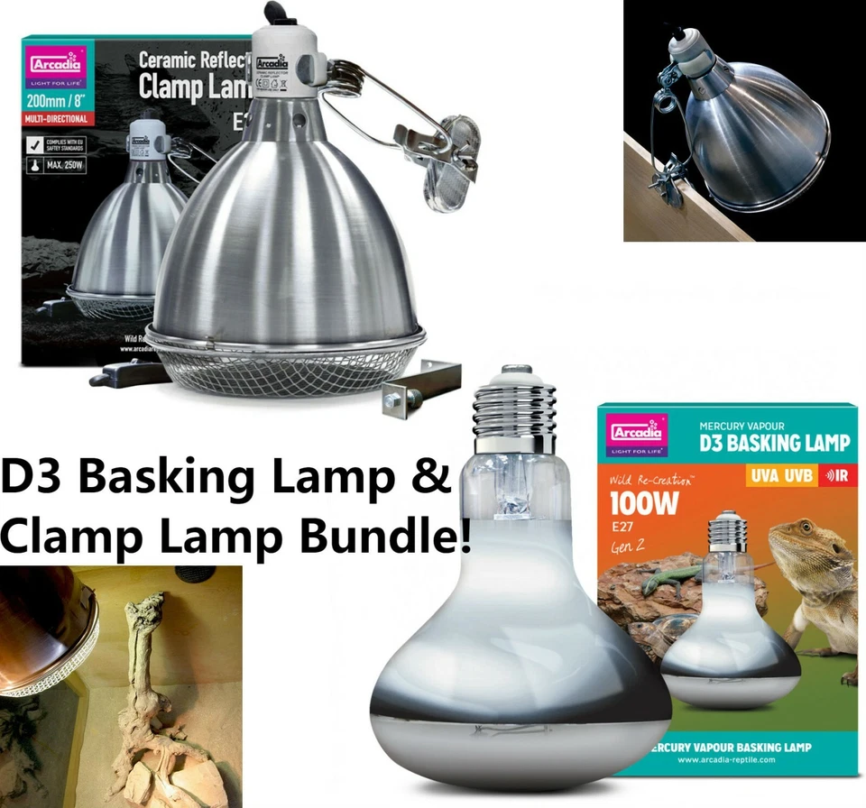 Arcadia D3 UV Basking Lamp & Clamp Lamp Reflector BUNDLE Basking Lamp & Dome