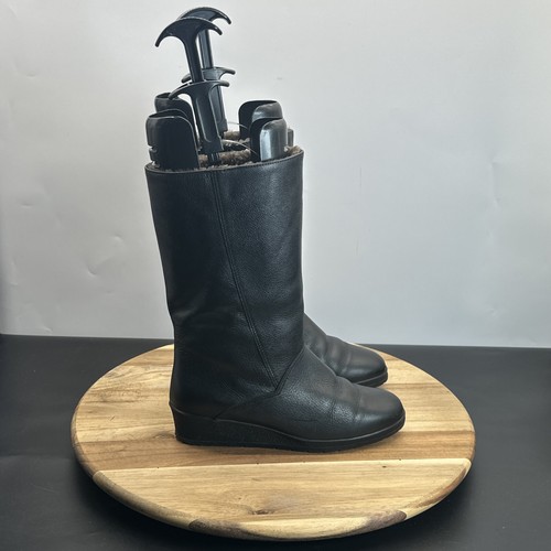 Bama Lams Mid Calf Boots Size 6 Women Black Leather Wedge Heel Fur Lined Zip - Picture 5 of 13