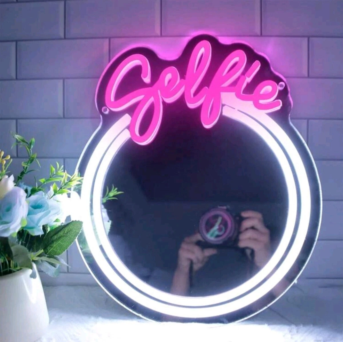 Women Ladies LED light Vanity Pink Neon Sign Mirror Bedroom Neon Light Up Mirror
