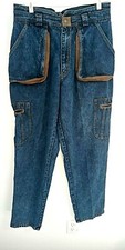 Vintage '80s Cotler Blue Denim Cargo Jeans Fits 34 Leather Trim Unisex Baggy