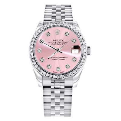 Ladies Rolex DateJust 31mm Midsize Watch with Pink Diamond Dial & Diamond Bezel.