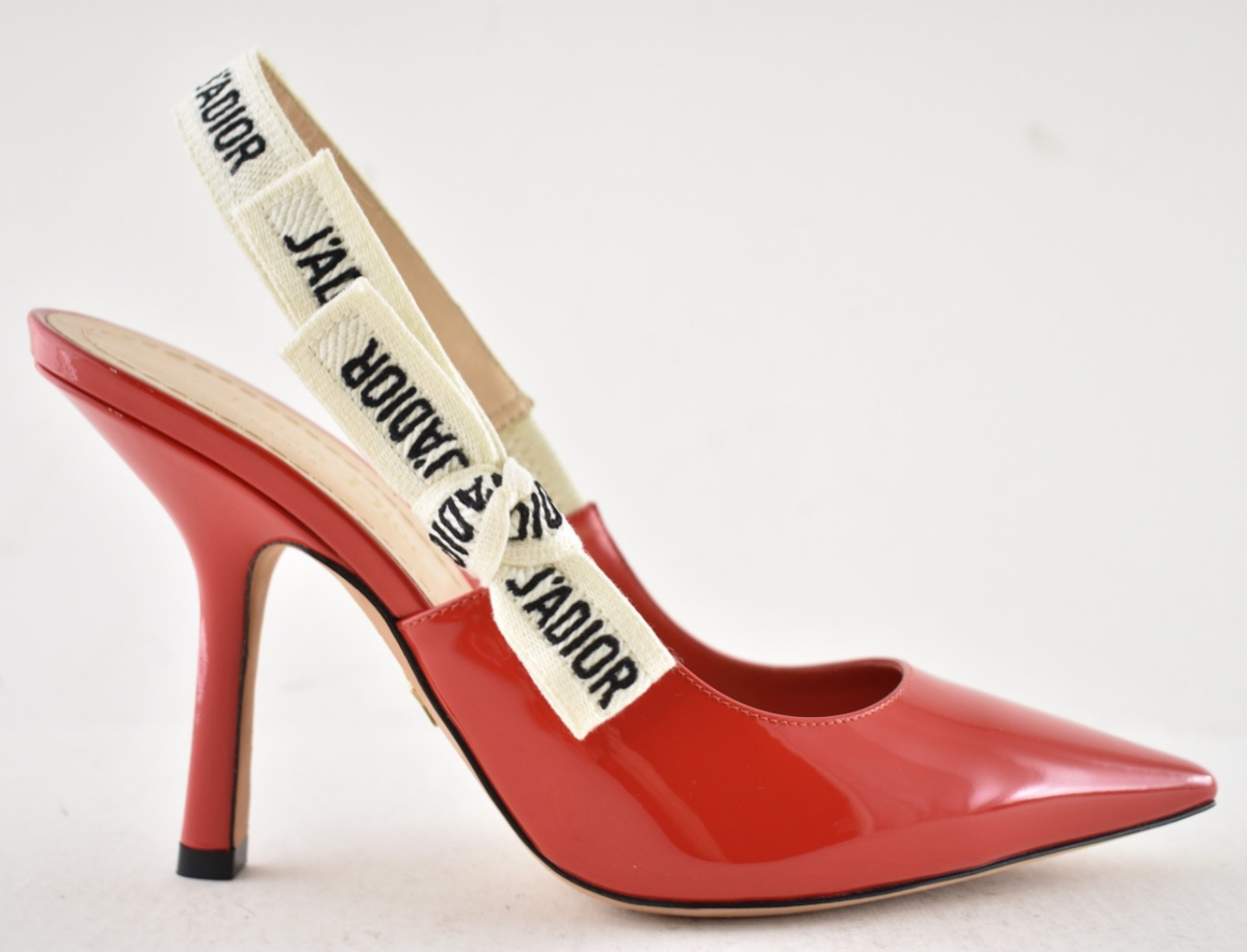 Dior J'adior Red Patent White Black Ribbon Logo Slingback Pump