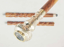 Hand Crafted Twisted Wooden Cane Designer Brass Knob with Compass Walking Stick
