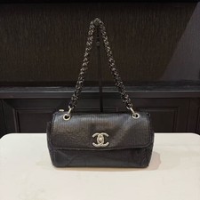 Chanel Classic Flap East West Black Leather Tweed Chain Shoulder Bag Silver Auth