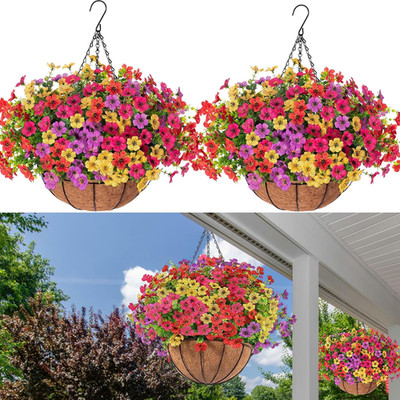 2 Pack UV Resistant Hanging Eucalyptus Flowers in Coconut Baskets - Multi-Color