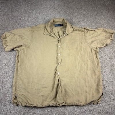 Ralph Lauren Shirt Mens XXL 2XL Beige Linen Silk Camp Loop Collar Button Up
