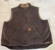 Vintage Carhartt Vest V33 DKB Brown Work Wear Faux Sherpa Lined XL Zipper Pocket