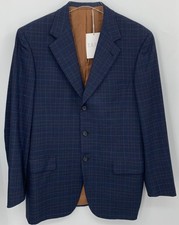 Brioni Mens Navy Brown Wool Windowpane Check Notch Lapel Sports Jacket sz 50 R