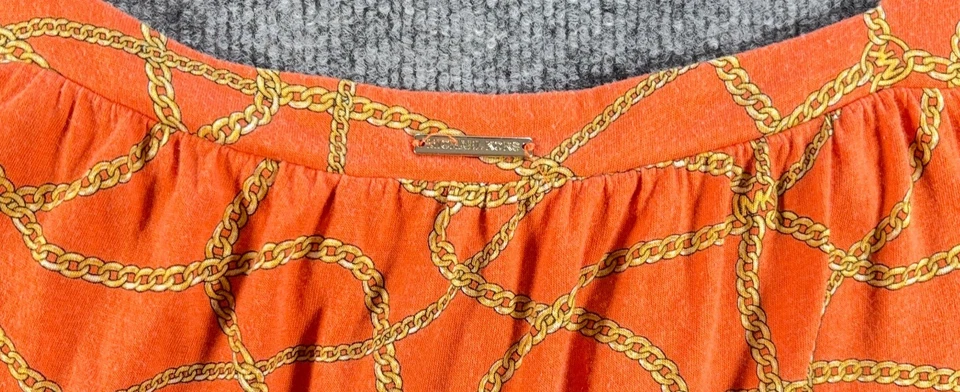 Blusa boho Michael Kors naranja con estampado de cadena talla L manga campana - defectuosa Foto 3 de 4