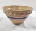 VTG McCoy Yellowware Bowl Pink & Blue Stripes Square Bottom Pie Crust Rim 5.5"