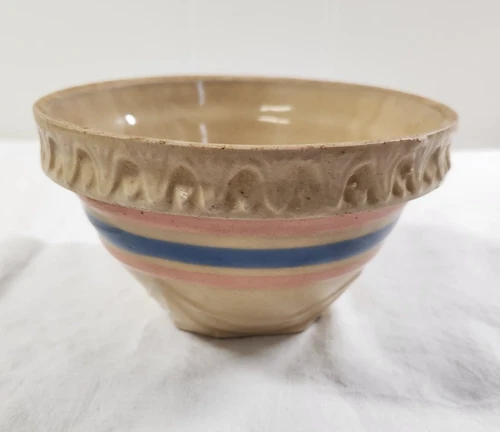 VTG McCoy Yellowware Bowl Pink & Blue Stripes Square Bottom Pie Crust Rim 5.5"