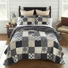 Donna Sharp Augusta Patchwork Soft Black Ivory Cotton Country King 3PC Quilt Set
