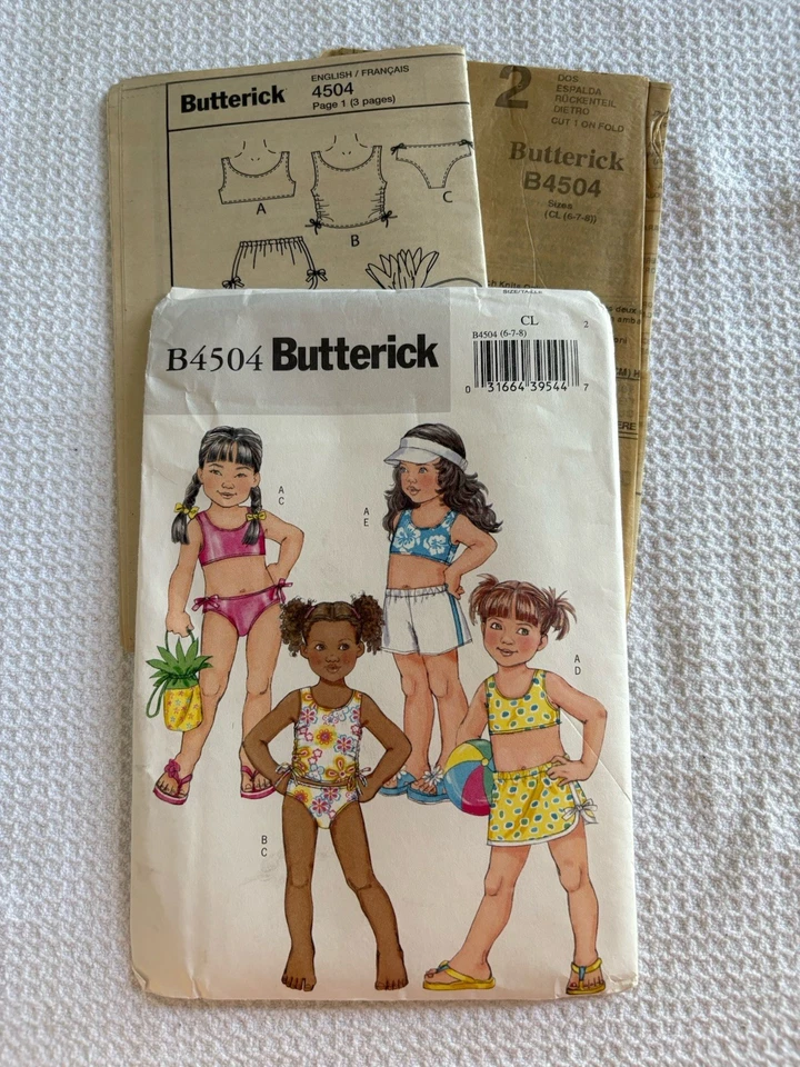 Butterick Pattern B4504 Girls Swim Tops, Briefs, Skirt, Shorts & Bag 6-8 UNCUT - Image 3 of 3