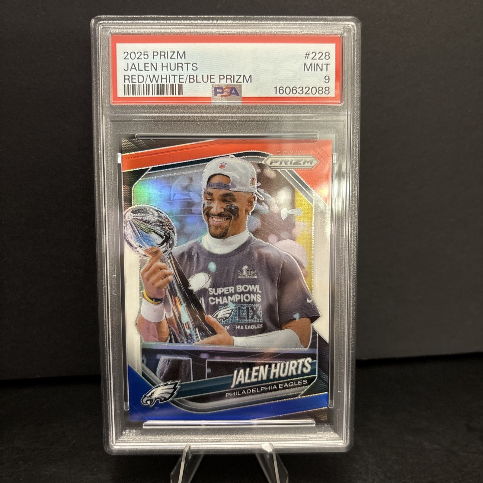2025 Panini Prizm Jalen Hurts Red White Blue Prizm, PSA 9