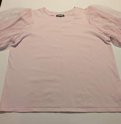 #ad #ad Express Women’s Size Large Pink Puff Sleeve Top Sheer Sleeves Excellent $15.99