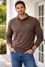Chaps Men  s Brown Quarter Button Pullover Sweater Casual Knit Shirt